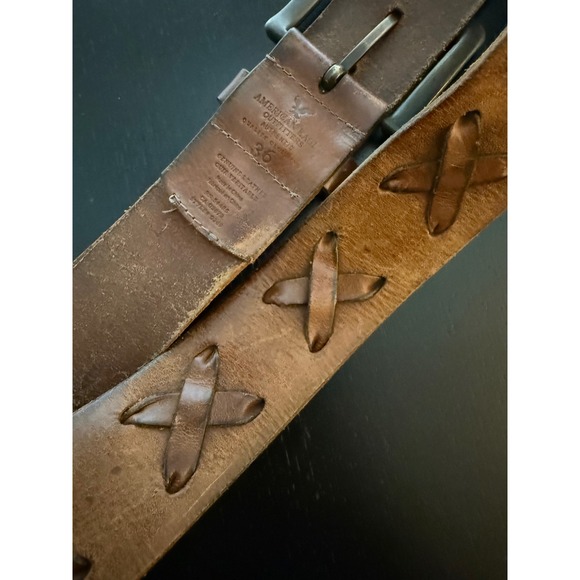 American Eagle Mens Leather Belt 36 Brown X-Weave Broken-In Western Workwear - Picture 3 of 8